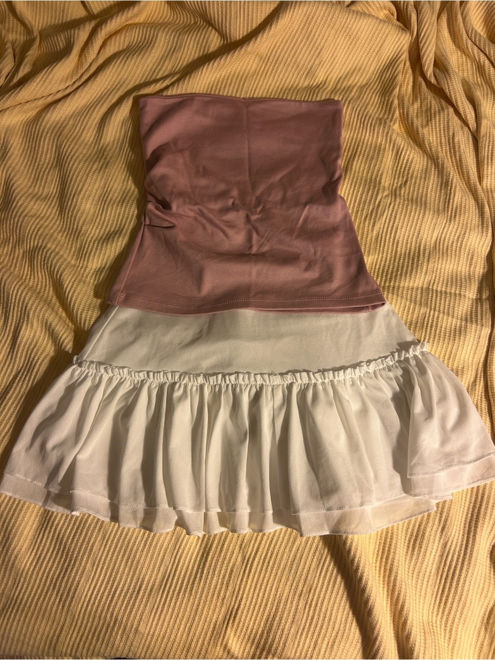 Pull&Bear Dusty Pink Strapless Top and White Mini Skirt